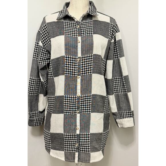 FARROW Patchwork Plaid Black White Button Up Long Sleeve Shirt Top Size S Small - Picture 1 of 4